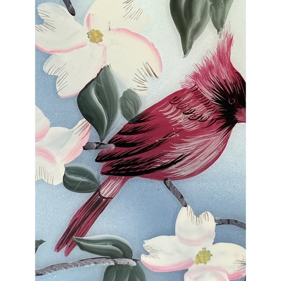 Glass Candle Holder Painted Cardinal Mirrored Apple Blossoms Tea Light - Picture 2 of 4